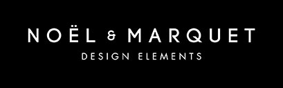 Logo Noel & Marquet: weißer Schriftzug auf schwarzem Hintergrund, darunter in weiß "Design elements"