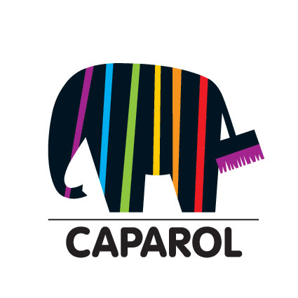 Caparol-Logo, schwarzer Elefant mit bunten Längsstreifen