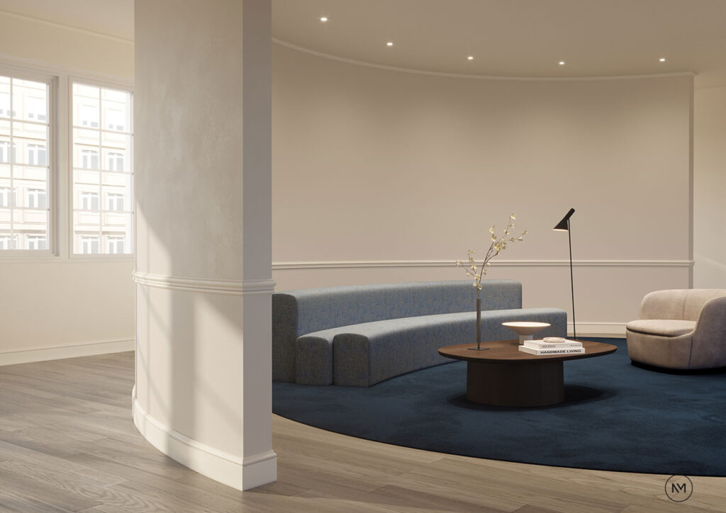 in weiß gehaltene, großflächige Büroszenerie, Stückelemente an den Wänden sowie kleine punktförmige Lichter in der Decke versenkt zu sehen, blauer Teppich auf den moderne Couchelemente und ein Tischchen mit Design-lampe stehen, in rundform gehalten